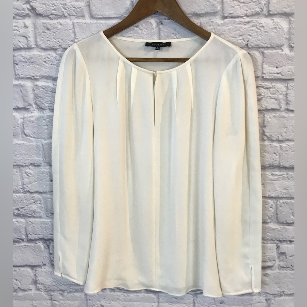 LaFayette 148 Pleated Neck Silk Blouse Top Women Size 4 White Long Sleeve